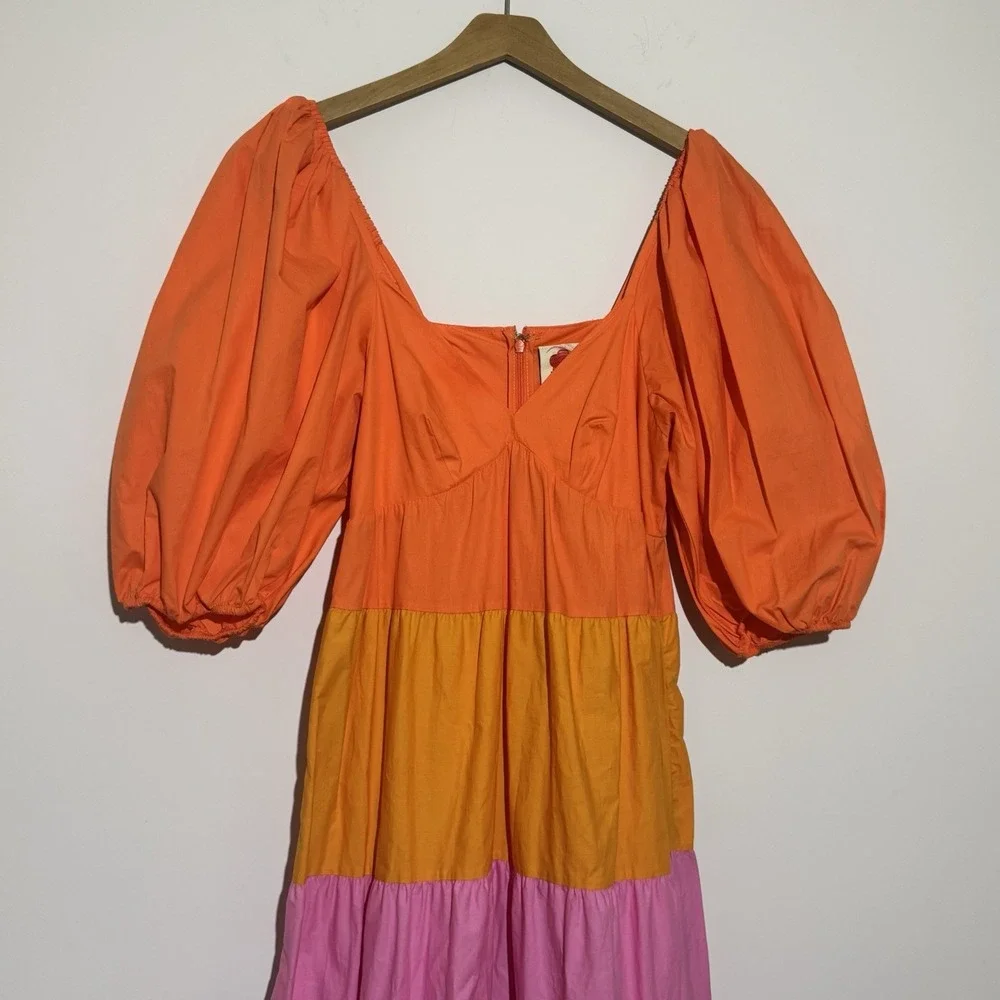 Anthropologie Farm Rio Tiered Colorblocked Maxi Dress Puff Sleeve‎ XS $230 NWT